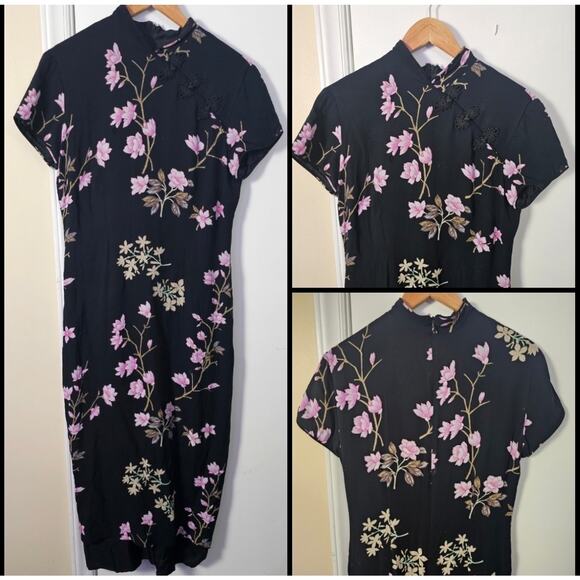 Chinese Cheongsam Qipao Dress Sz 12 Cherry Blossom Floral Asian Bloomcore Y2K - Picture 1 of 9
